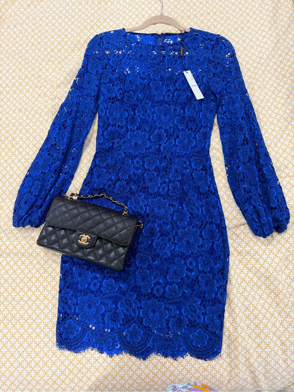 Elie Tahari Cobalt Blue Floral Lace Long-Sleeve Sheath Dress